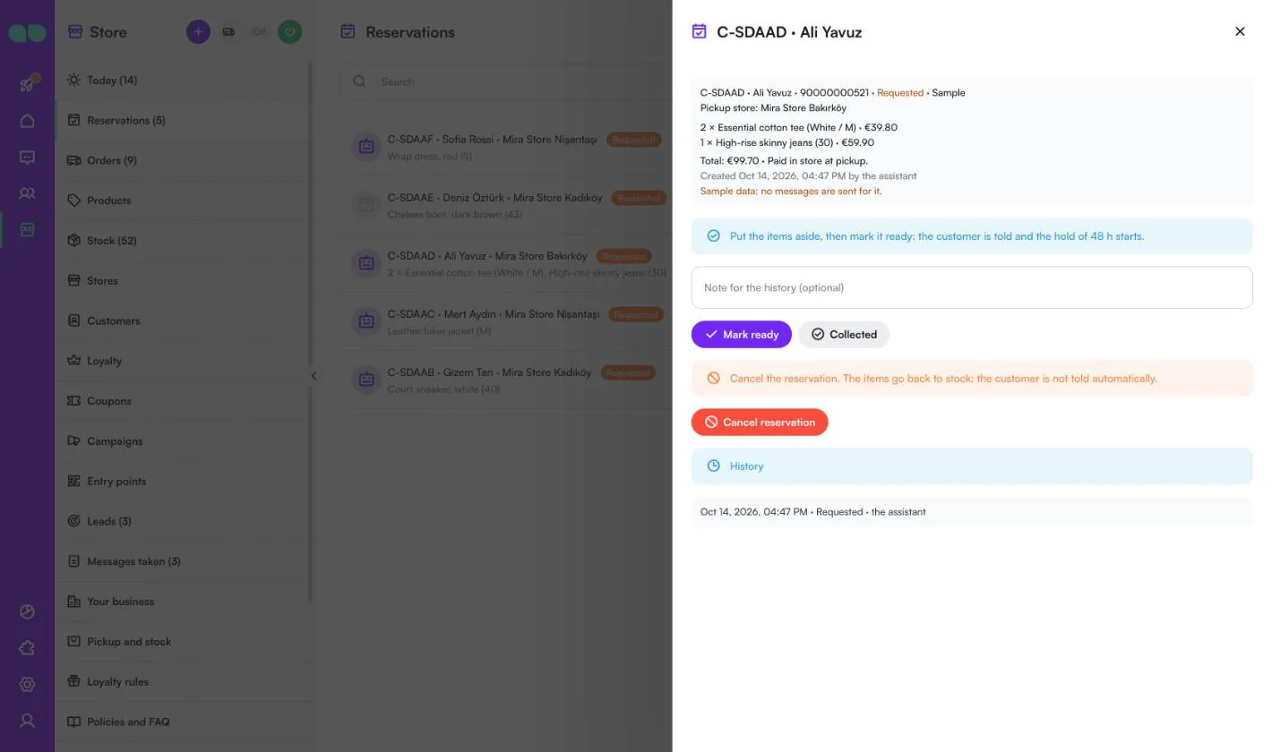 Reservation drawer with items and total, Mark ready, Collected and Cancel reservation buttons and the history